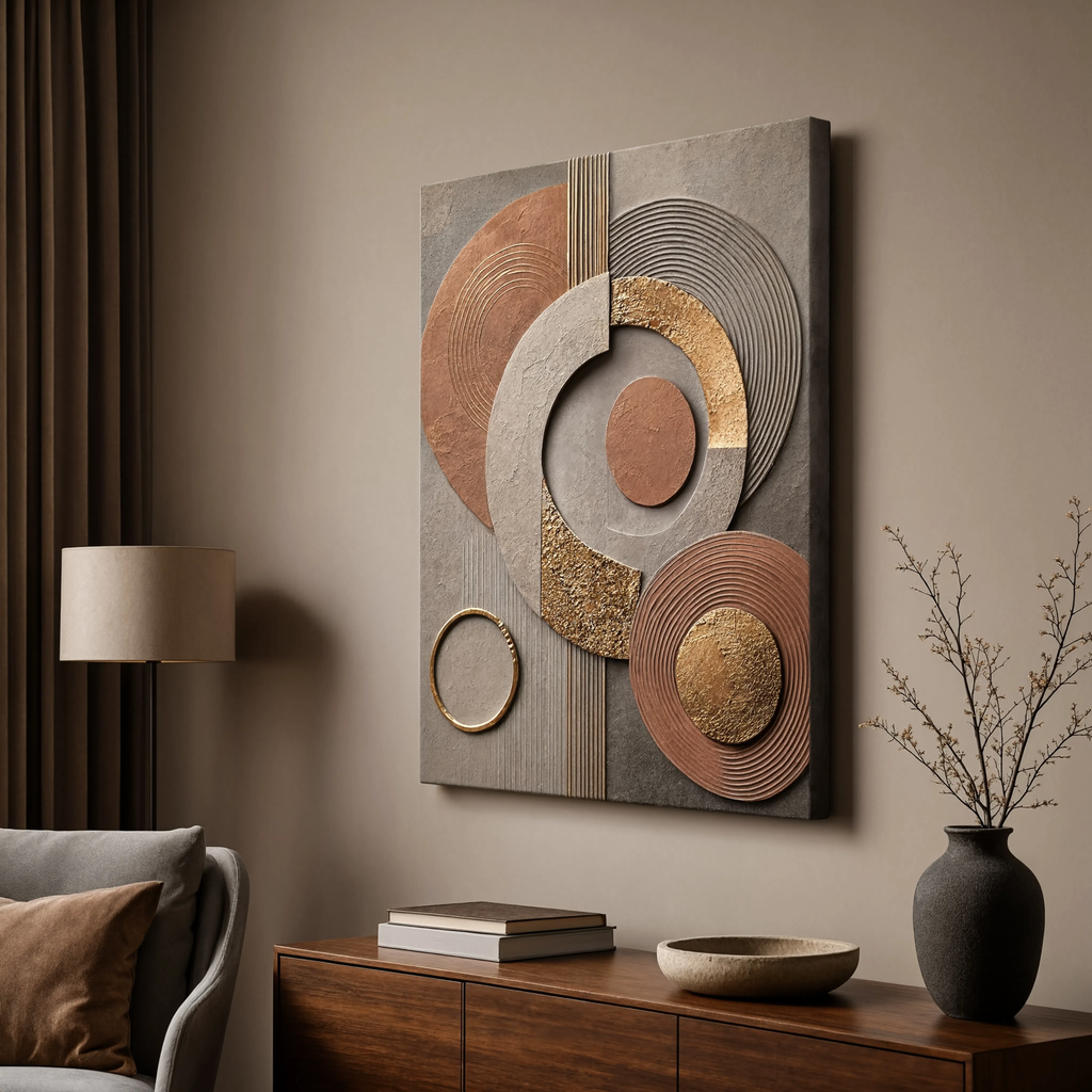 Terracotta canvas print faux gold texture wall art gallery wrap, warm earthy circle design for cozy home décor