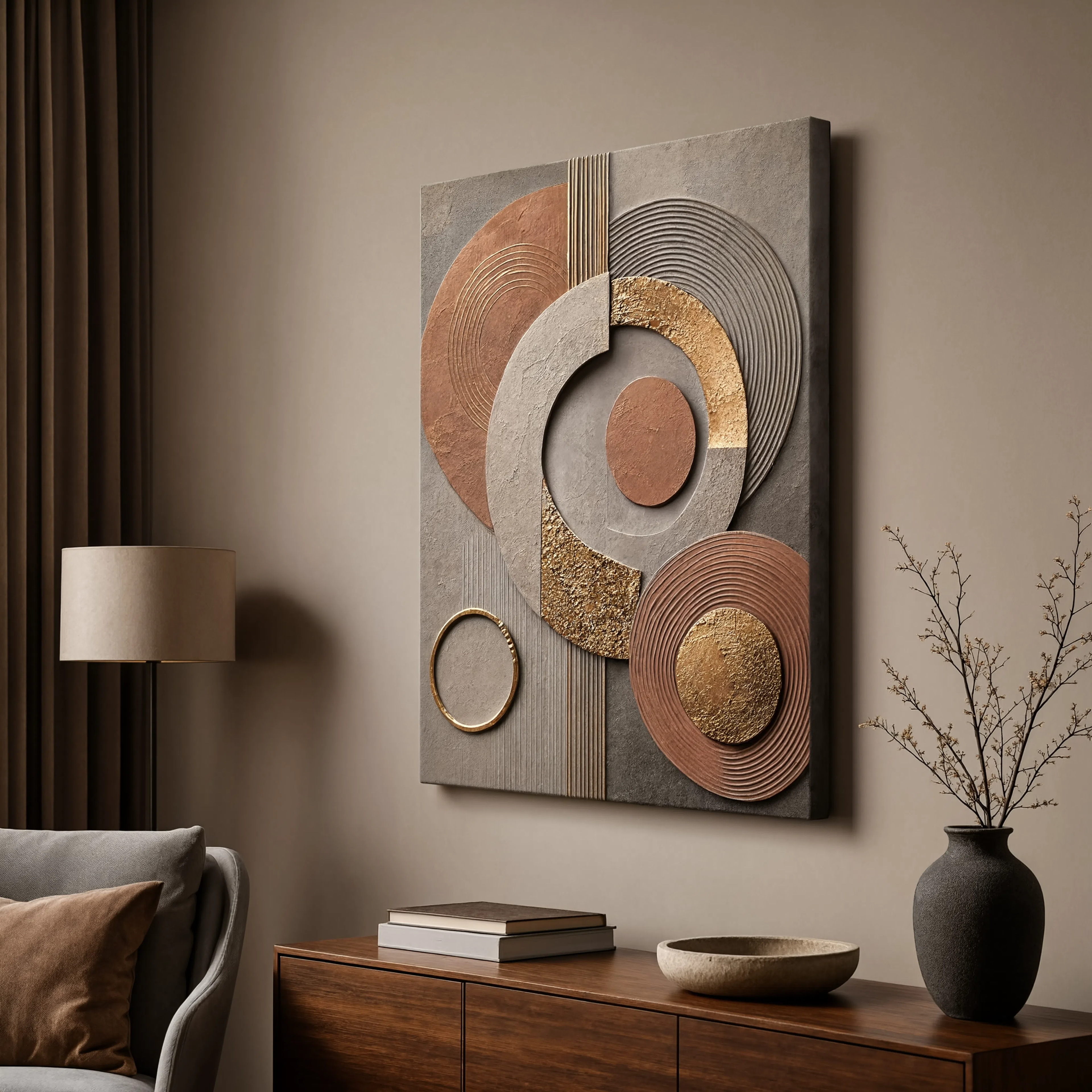 Terracotta canvas print faux gold texture wall art gallery wrap, warm earthy circle design for cozy home décor