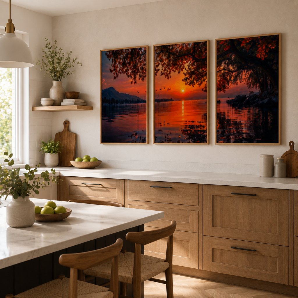 Sunset lake triptych canvas wall art, autumn mountain landscape print, 3 piece set for living room