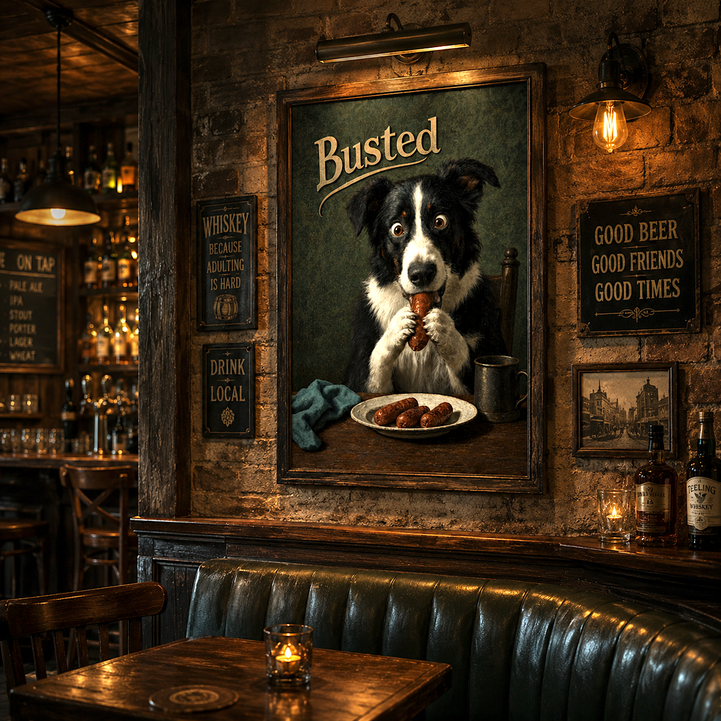 Funny dog print catching a sausage thief mid-act, dog portrait art