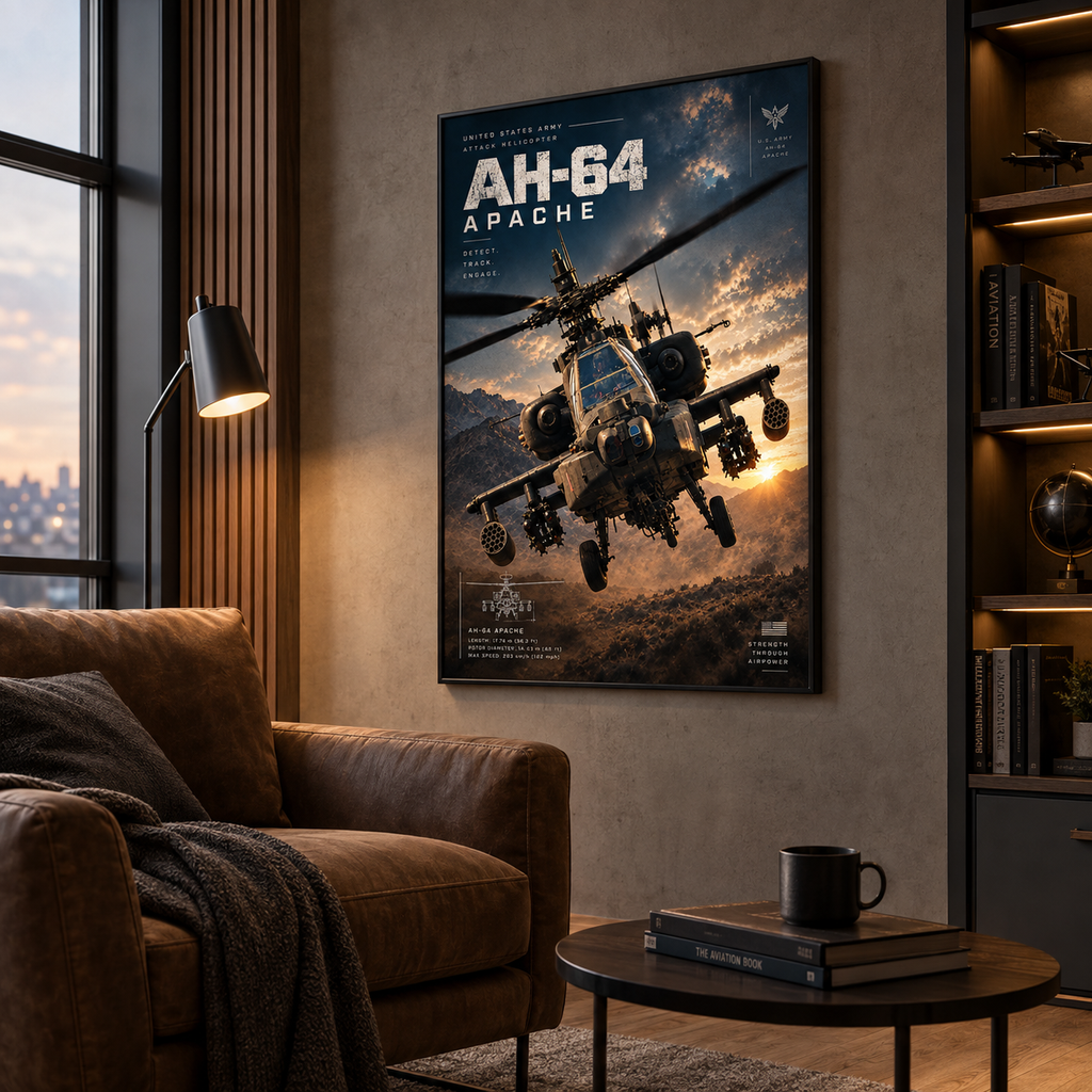 Helicopter poster displayed in a framed wall art mockup