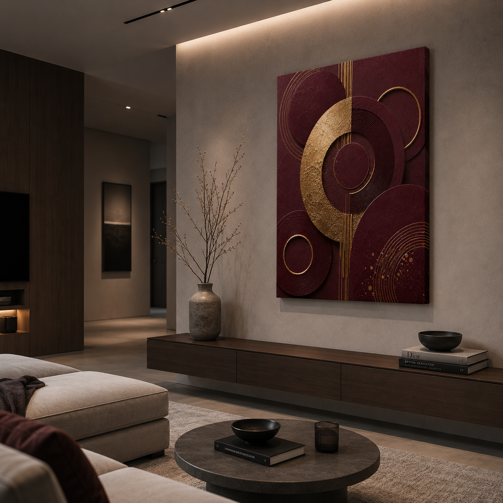 Burgundy canvas print faux gold texture wall art gallery wrap, jewel-tone ring design for rich statement décor.