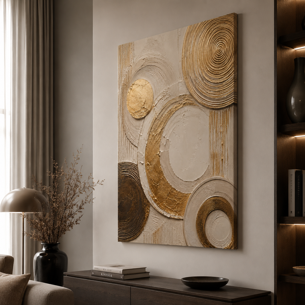 Canvas: Ivory canvas print faux gold texture wall art gallery wrap, abstract circular plaster-effect design for modern home décor