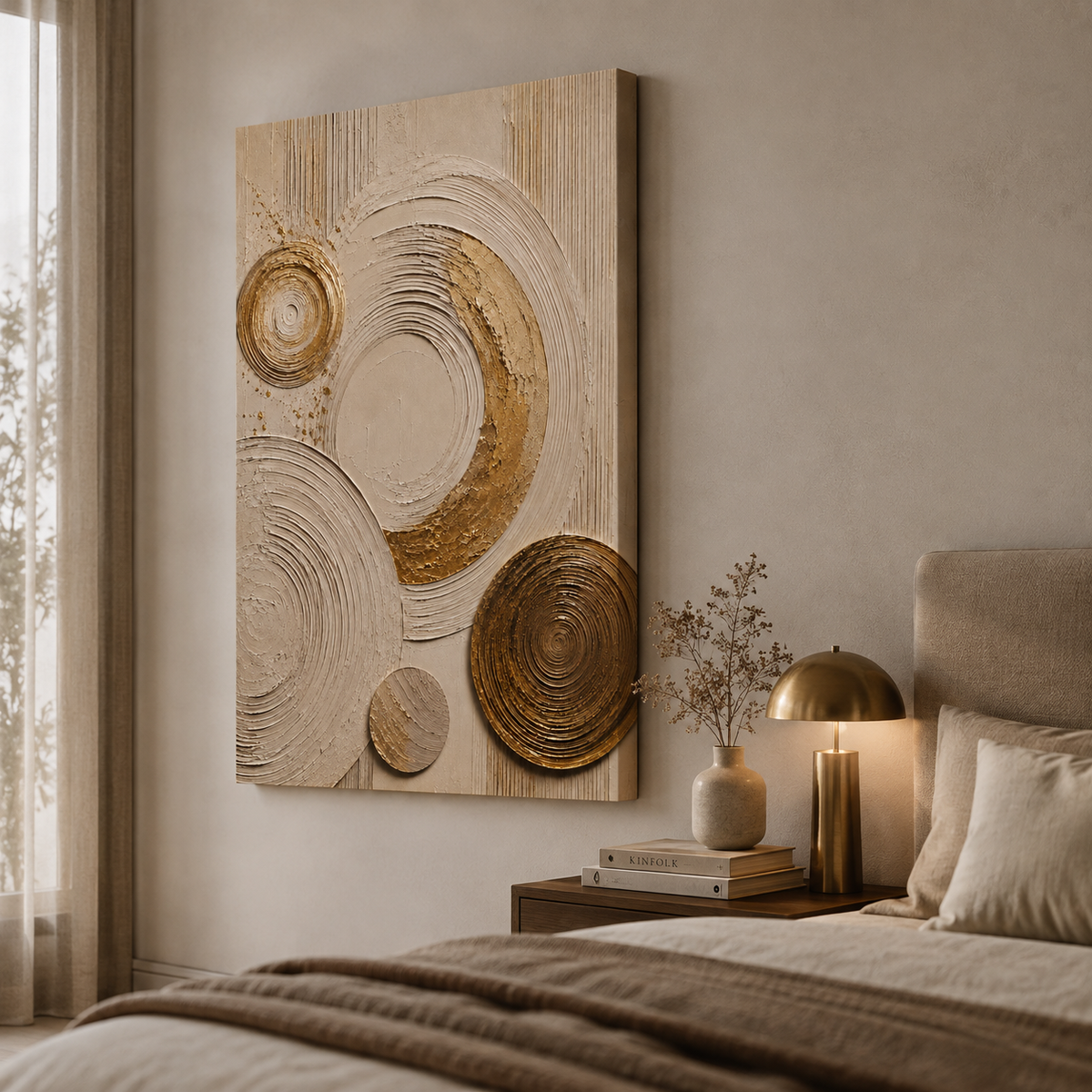 Cream canvas print faux texture wall art gallery wrap, soft gold splatter abstract circles for neutral home décor.
