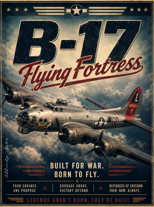 B17 flying fortress poster – vintage aviation art, premium matte print, 18x24 to 30x40 sizes available.