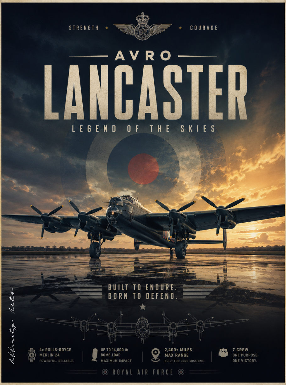 wwii poster — lancaster bomber art, premium matte print, 18x24 to 30x40