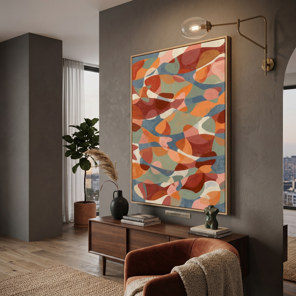Fish painting print — coastal wall art in burnt orange and slate blue, boho art, gallery quality 250gsm