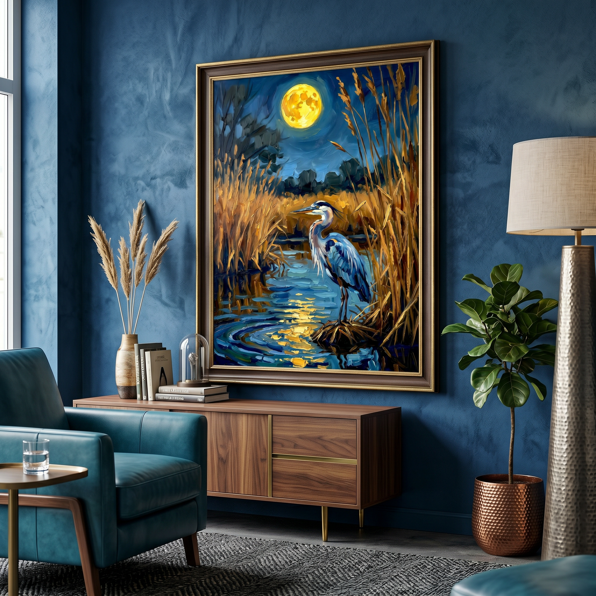 Golden reeds, a dark sky, one heron — blue heron print for anyone who finds quiet in wild, unhurried places.