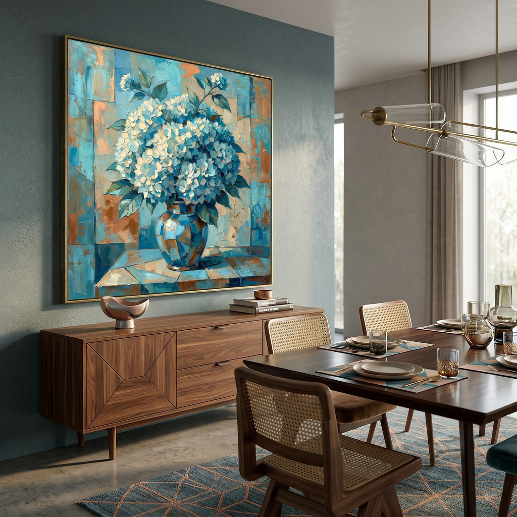 Blue hydrangea vintage floral print above a dining table — teal and copper tones warm the room at dinner hour