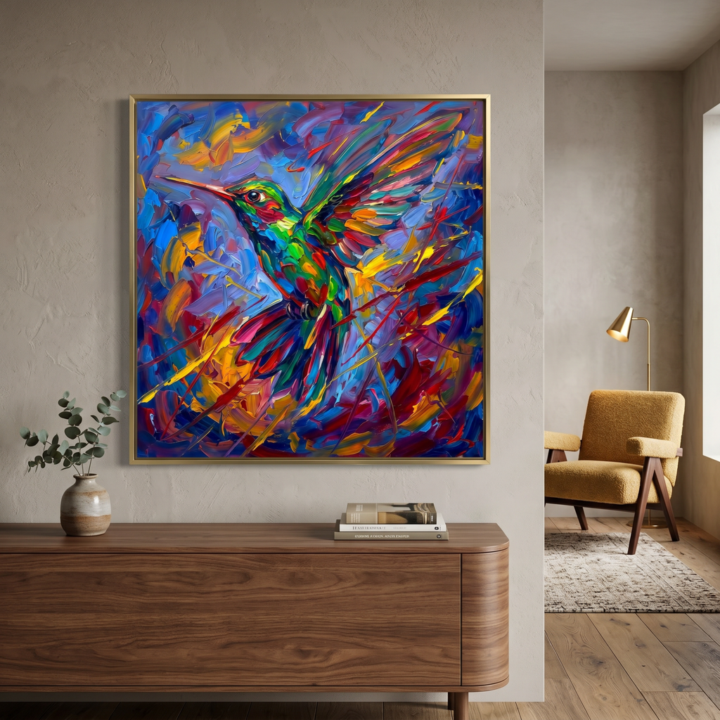 Colorful hummingbird wall art — expressive bird in flight, cobalt and crimson brushstrokes, bold nature print for living room