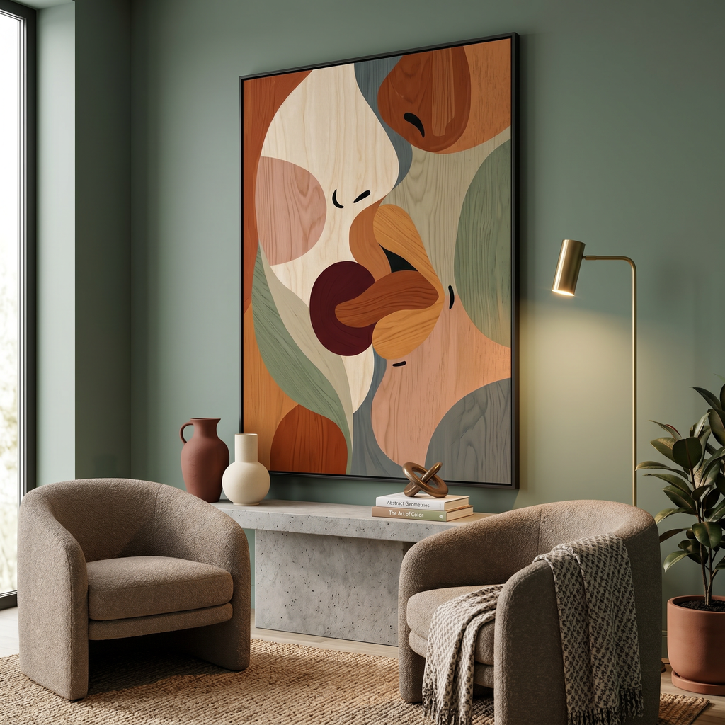 Two abstract faces almost kissing — romantic art print in earthy terracotta and sage green for bedroom wall