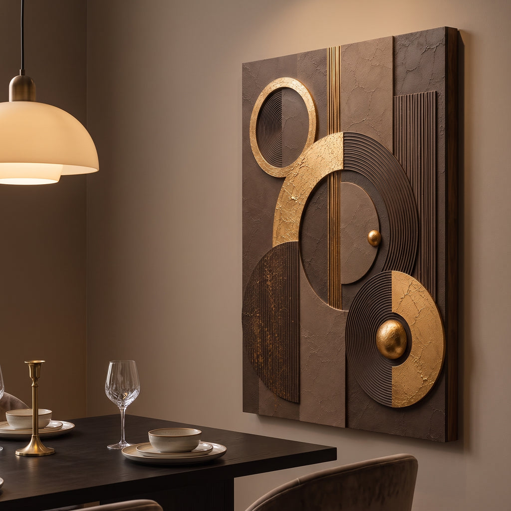 Chocolate brown canvas print faux gold texture wall art gallery wrap, moody sphere circle design for rich home décor.