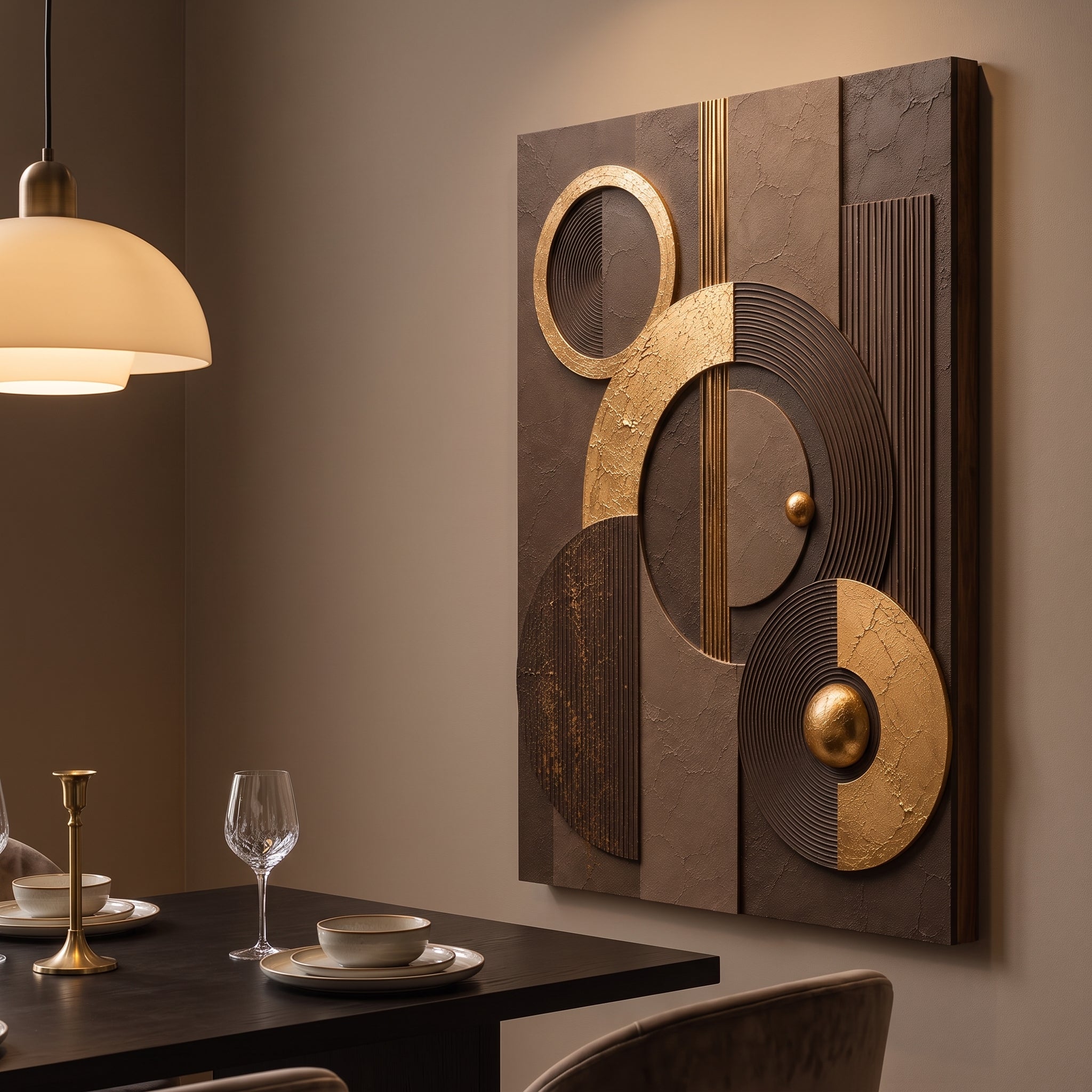 Chocolate brown canvas print faux gold texture wall art gallery wrap, moody sphere circle design for rich home décor.