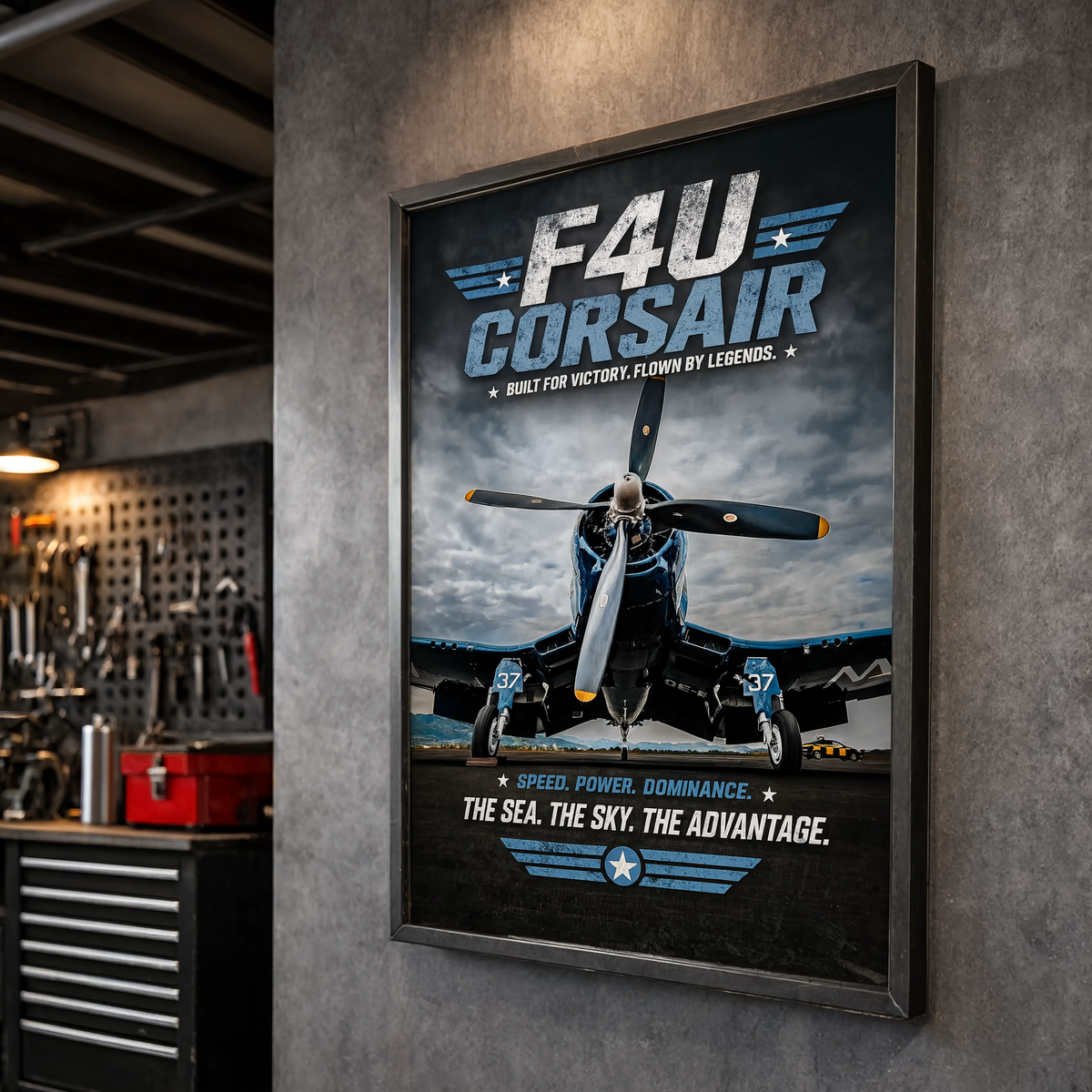 F4U Corsair poster hanging in man cave wall art display