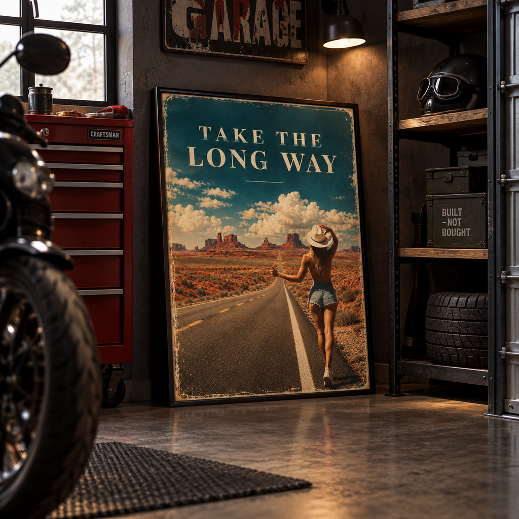 Vintage road trip poster “Take The Long Way” with a woman in a cowboy hat hitchhiking on an empty desert highway