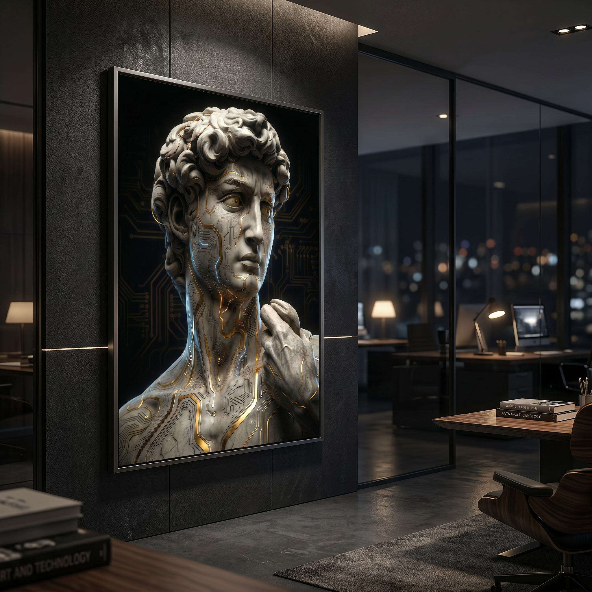 Office wall art that stops the scroll — David statue mythology meets futuristic gold circuit decor