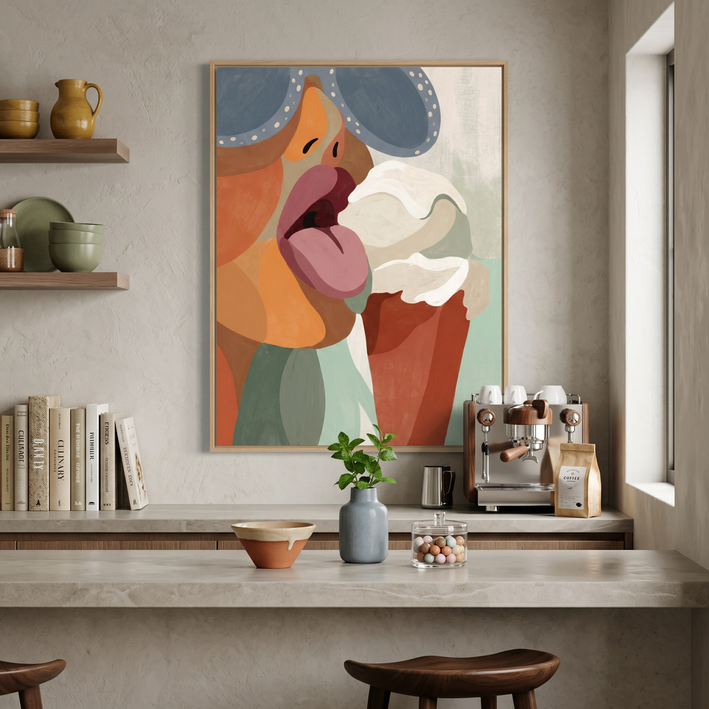 Flat graphic retro illustration — woman and softserve, eclectic wall art with mid century color energy