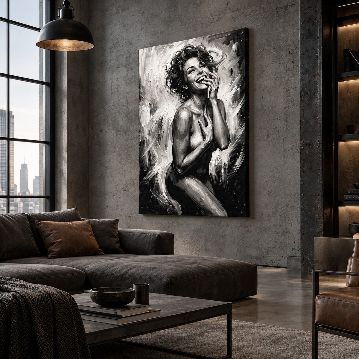 Black white figurative wall art canvas in a modern bedroom