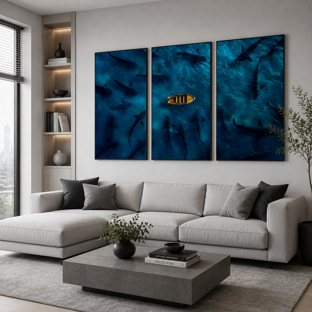 Canvas light: canvas print ocean triptych art wall decor — modern moody living room, 3 panel set