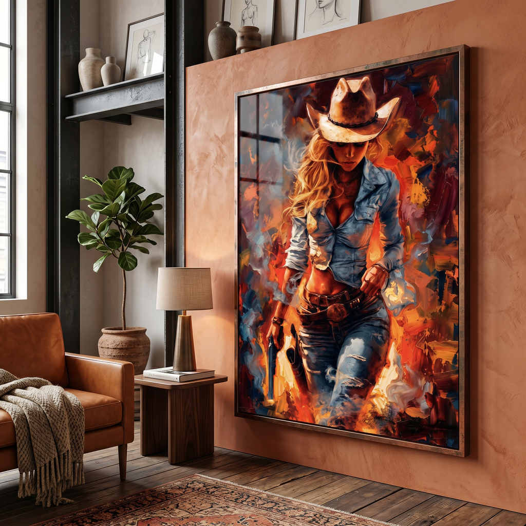 Wild West woman painting — blonde cowgirl with pistol, explosive abstract oil paint style
