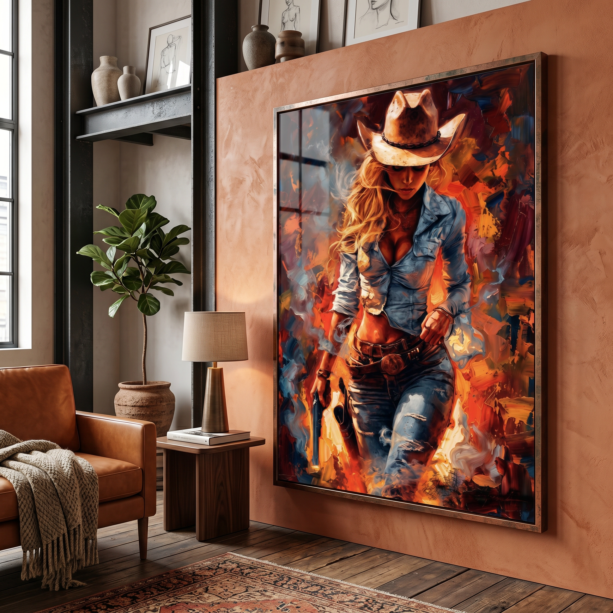 Wild West woman painting — blonde cowgirl with pistol, explosive abstract oil paint style

