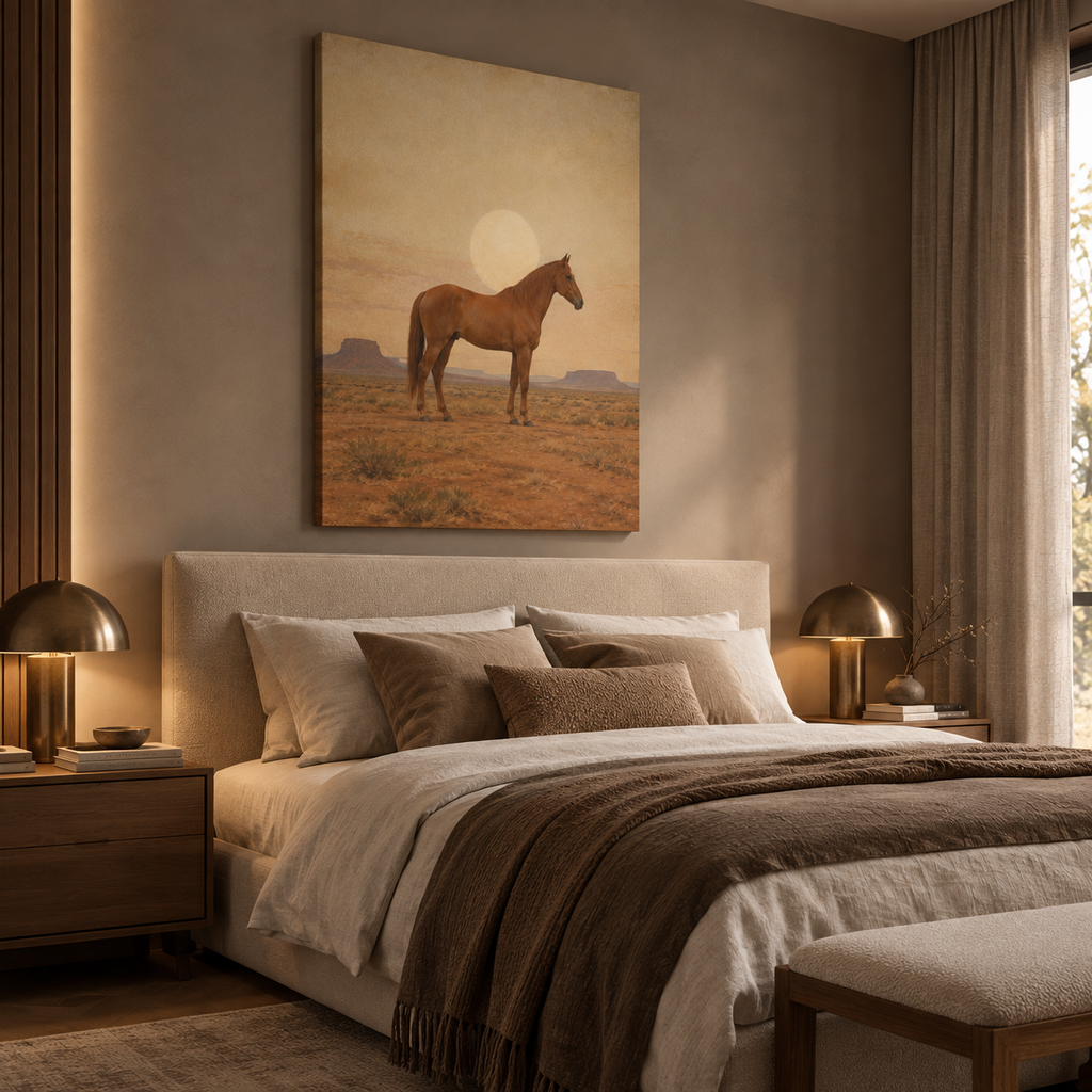 Same horse print on a cream wall above a wooden dresser in a bedroom