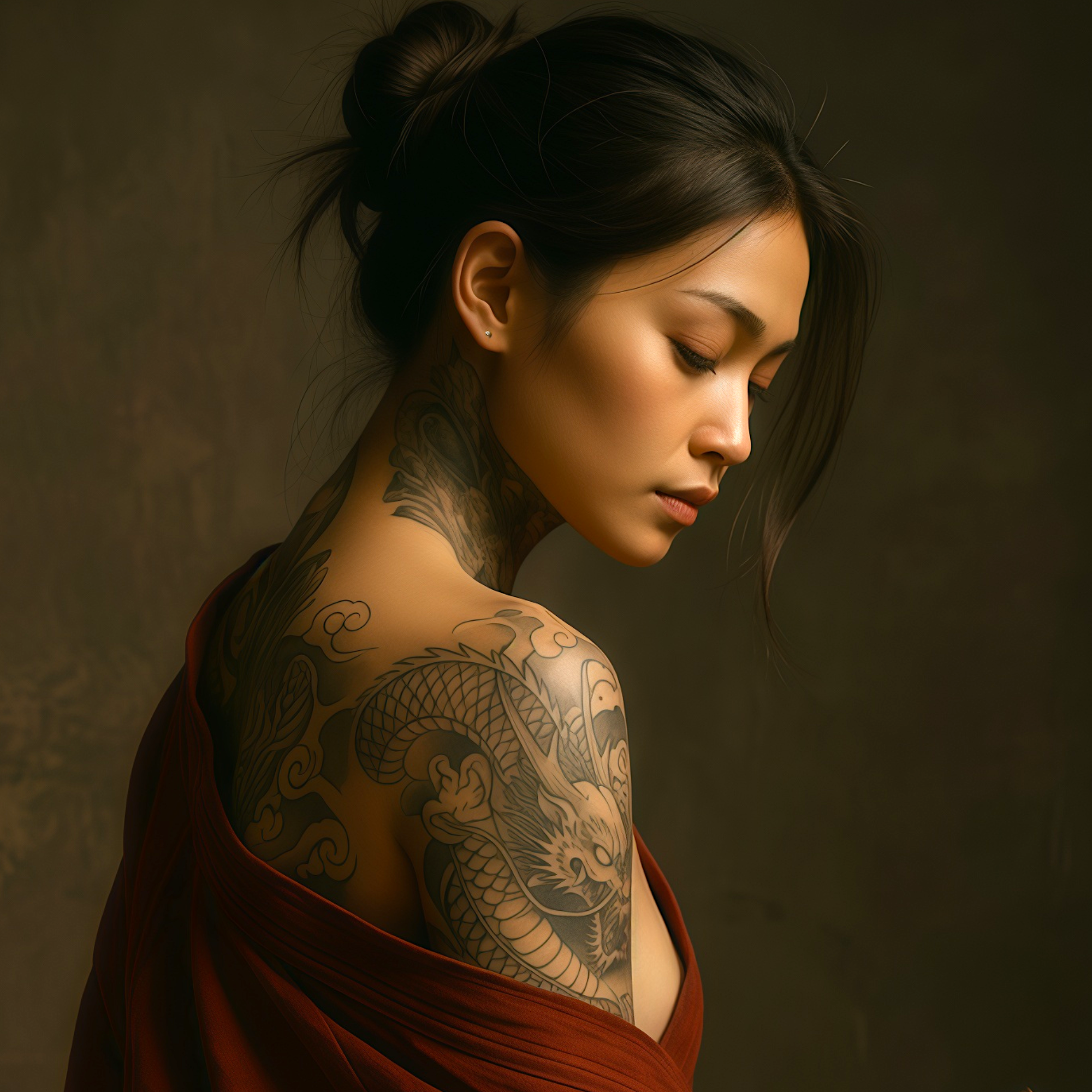 Dragon tattoo on her shoulder, eyes cast down — the detail that makes this samurai art impossible to look away from