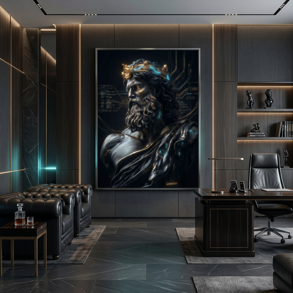 Office wall decor above desk — dark mythology art print, greek statue cyberpunk poster, moody home office setup