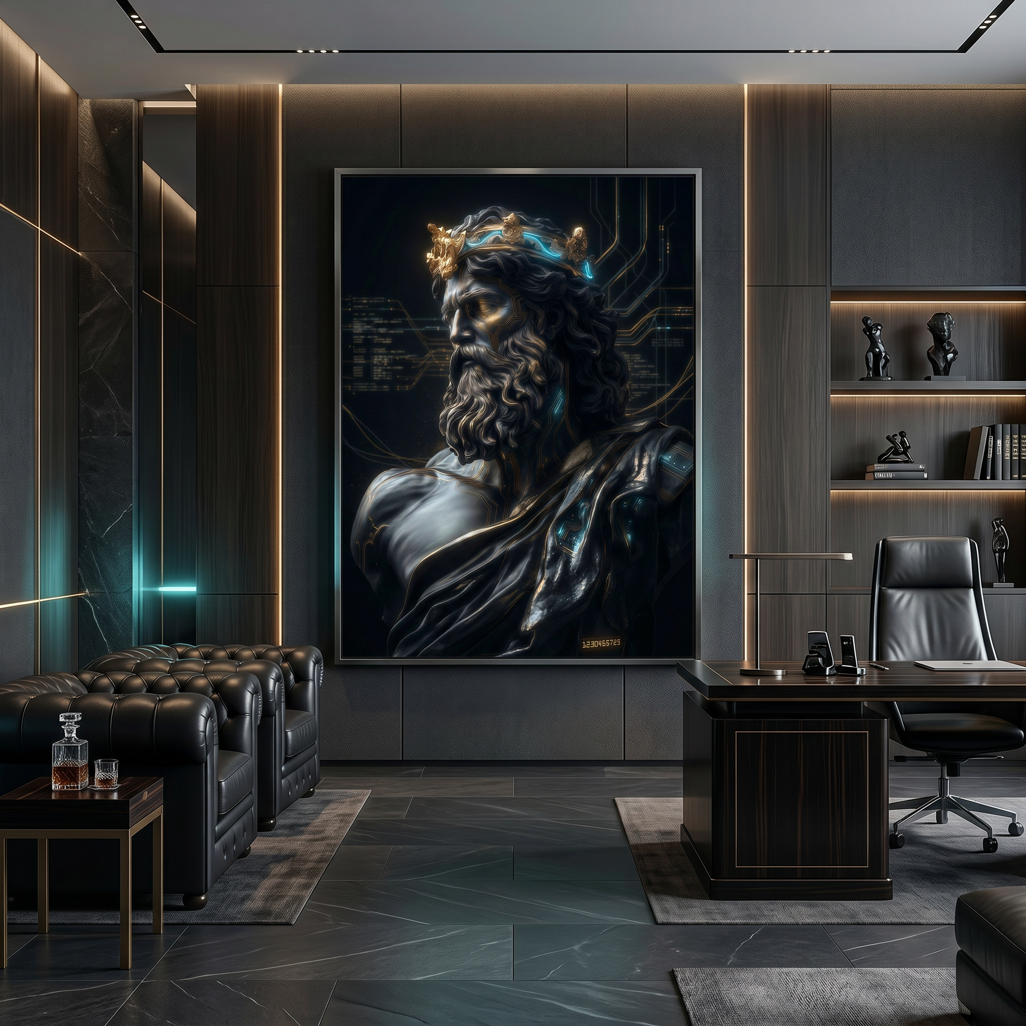Office wall decor above desk — dark mythology art print, greek statue cyberpunk poster, moody home office setup