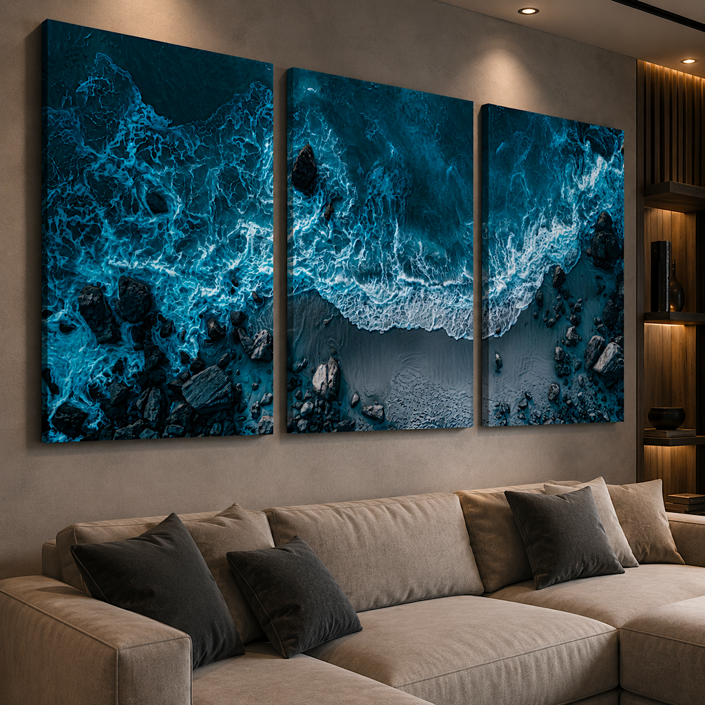 Seascape wall art close-up, teal ocean print texture and detail