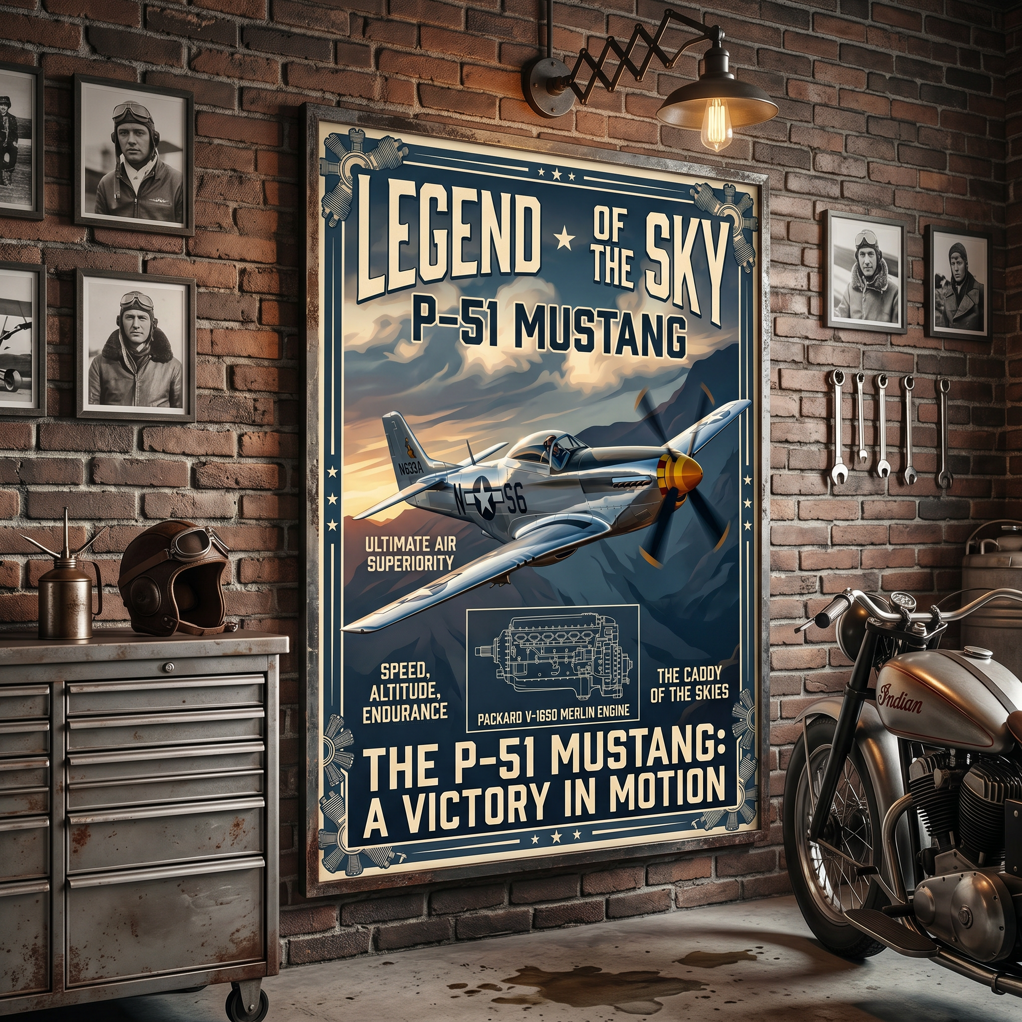Vintage WWII aviation poster in home office — P-51 Mustang wall art, fighter plane print decor