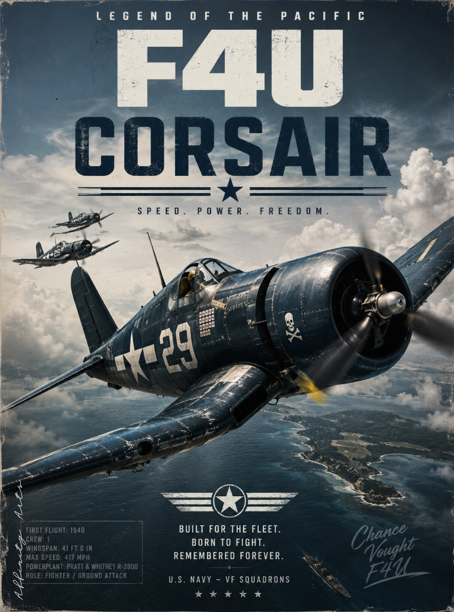 F4U Corsair poster — premium matte wall art print, 18x24, ready to hang, digital download available