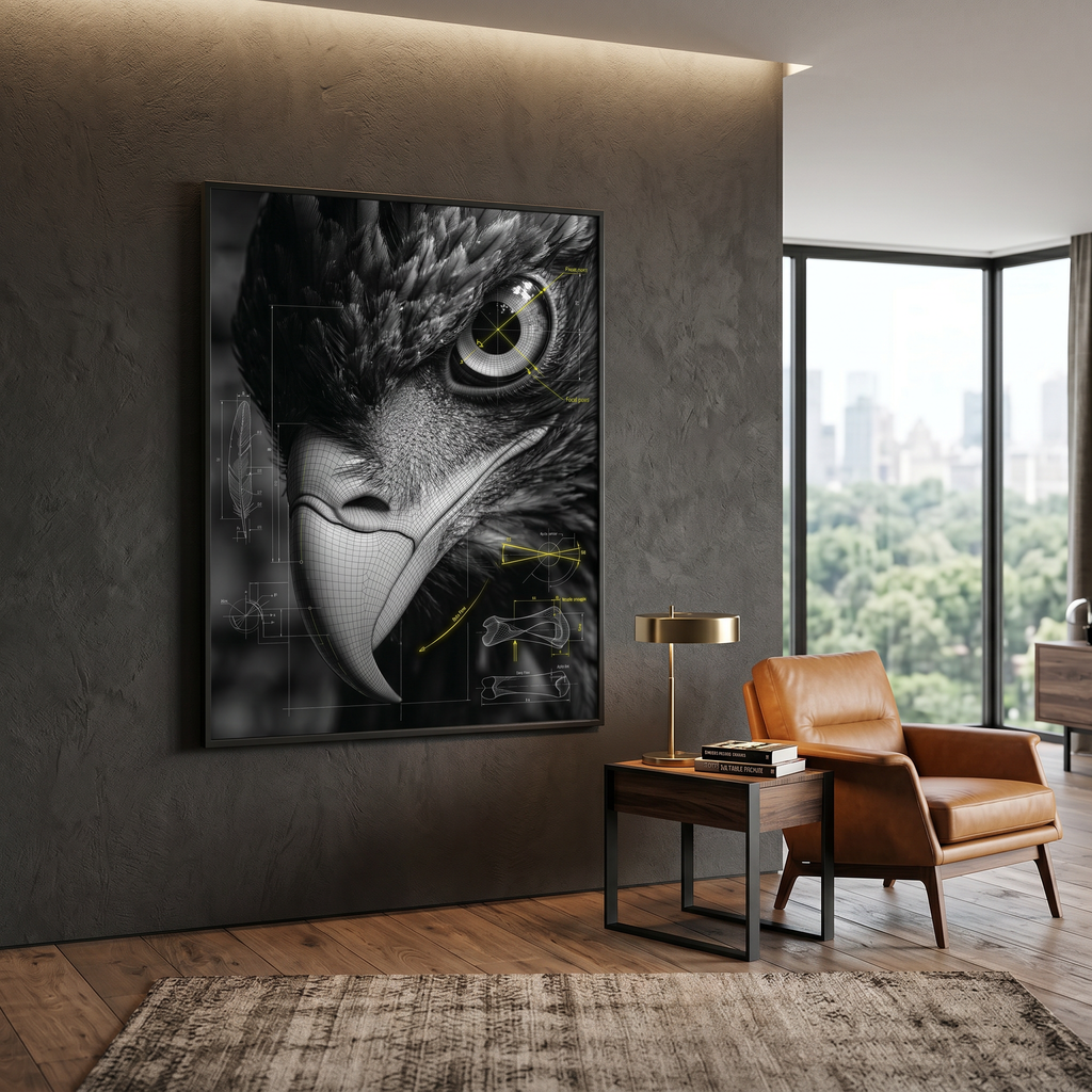 An eye that watches back — eagle blueprint wall art for spaces that hold their own energy