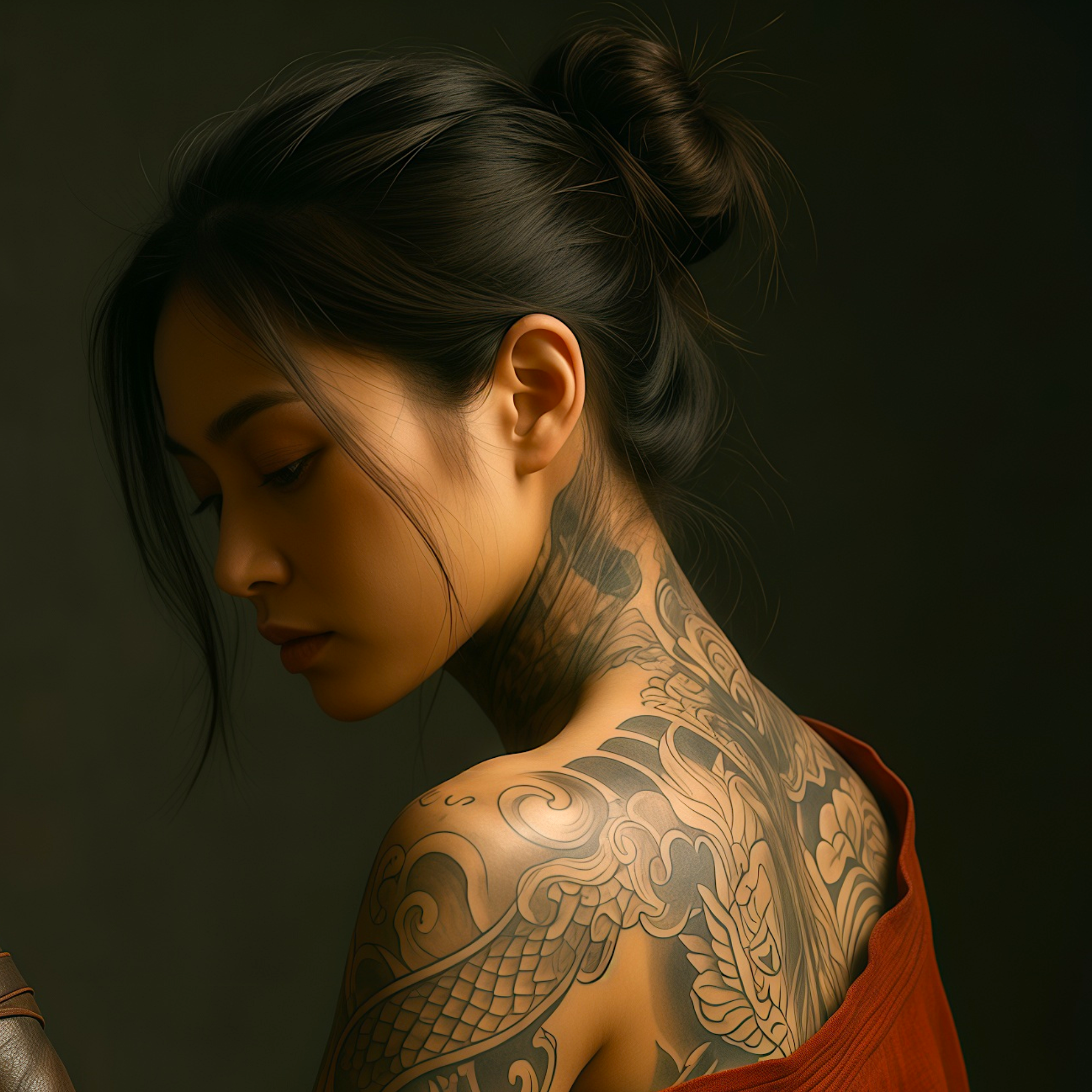 Dragon tattoo climbing her bare shoulder, caught in candlelight — the detail in this samurai art that stops the scroll