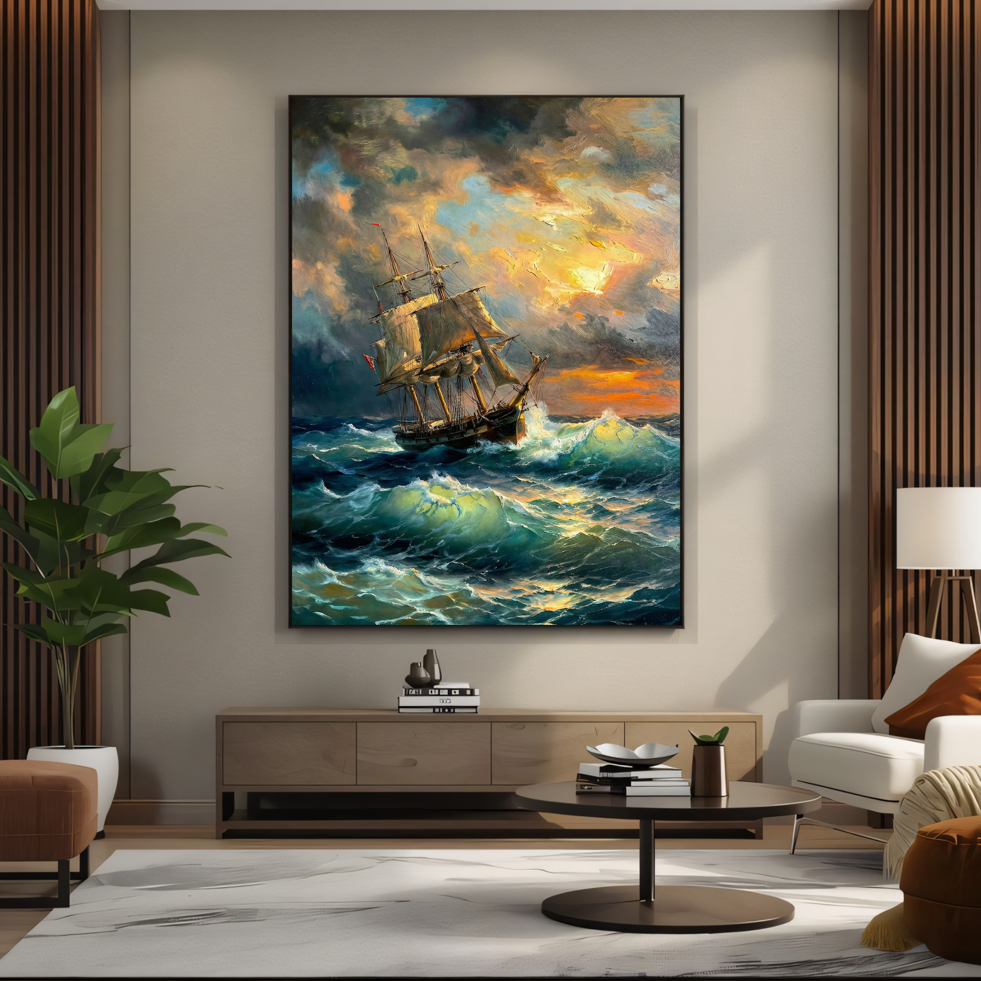 classic nautical ship in waves fine art print for living room