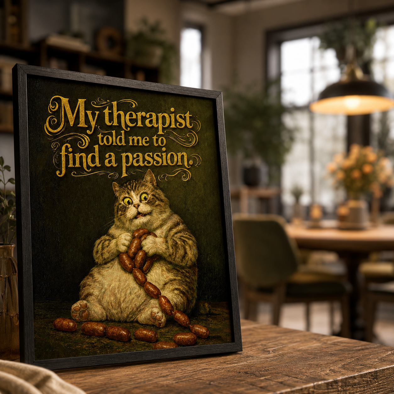 Funny fat cat clutching sausages under gold vintage text, kitchen wall art print