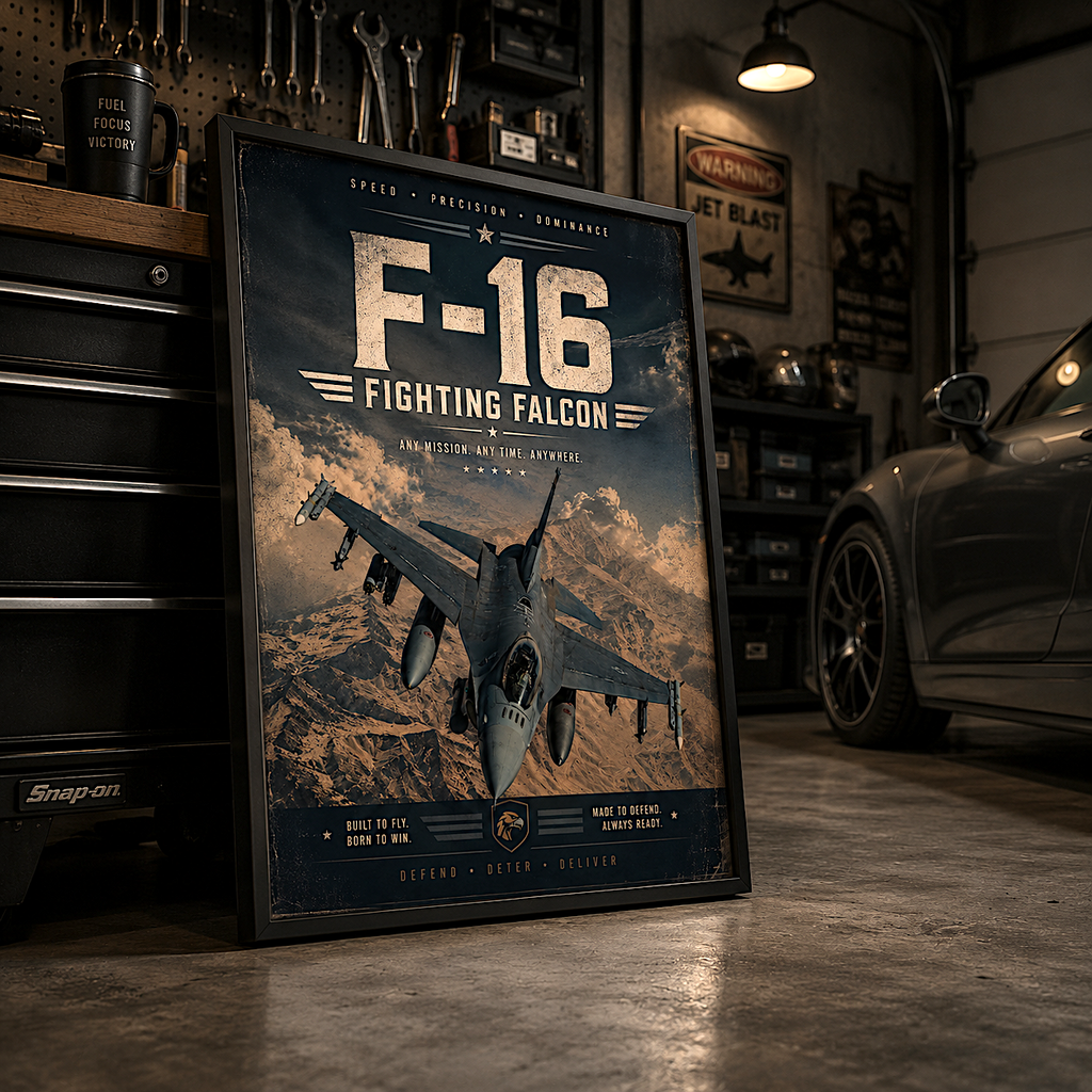 F-16 Fighting Falcon fighter jet poster - vintage military aviation wall art print for office or veteran gift