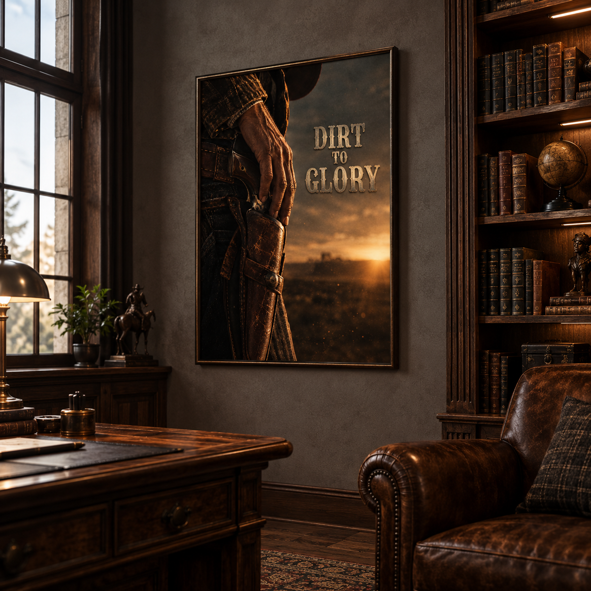 Dirt to Glory Western poster hung above a leather sofa in a living room, shown as a mockup