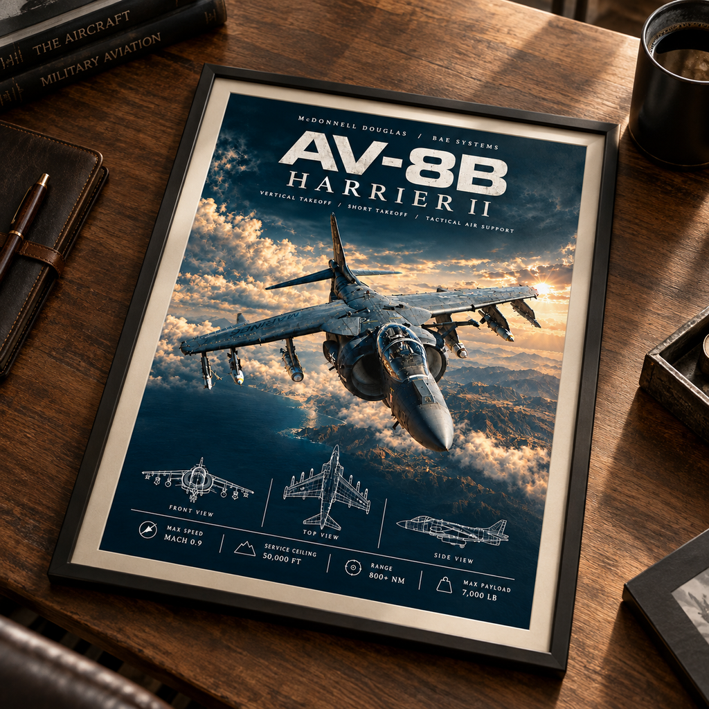 Fighter jet poster with front, top and side blueprint views of the Harrier jumpjet on a deep navy background