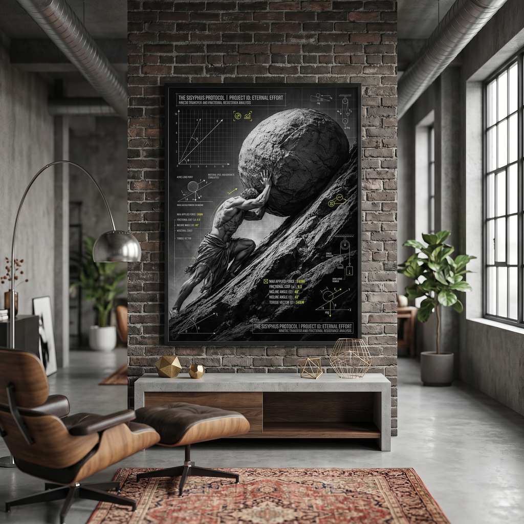 Stoicism art print — Greek god Sisyphus pushing boulder, dark academia blueprint decor, home office wall art, motivational poster