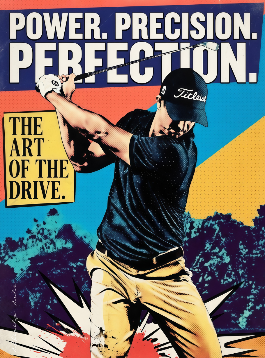 Bold pop art golf wall art print in coral, cobalt and gold — retro sports poster for man cave decor