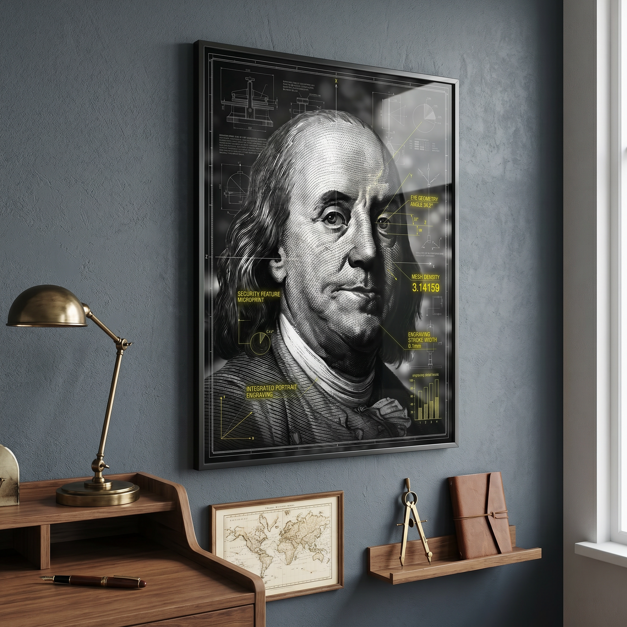 Benjamin Franklin blueprint art print – technical engraving portrait, dark wall art for office decor