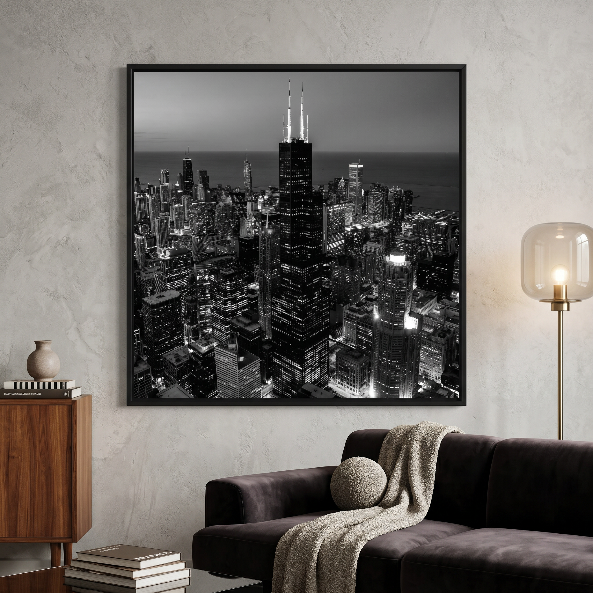 Black and white fine art print of Chicago skyline at night — urban architecture photography

