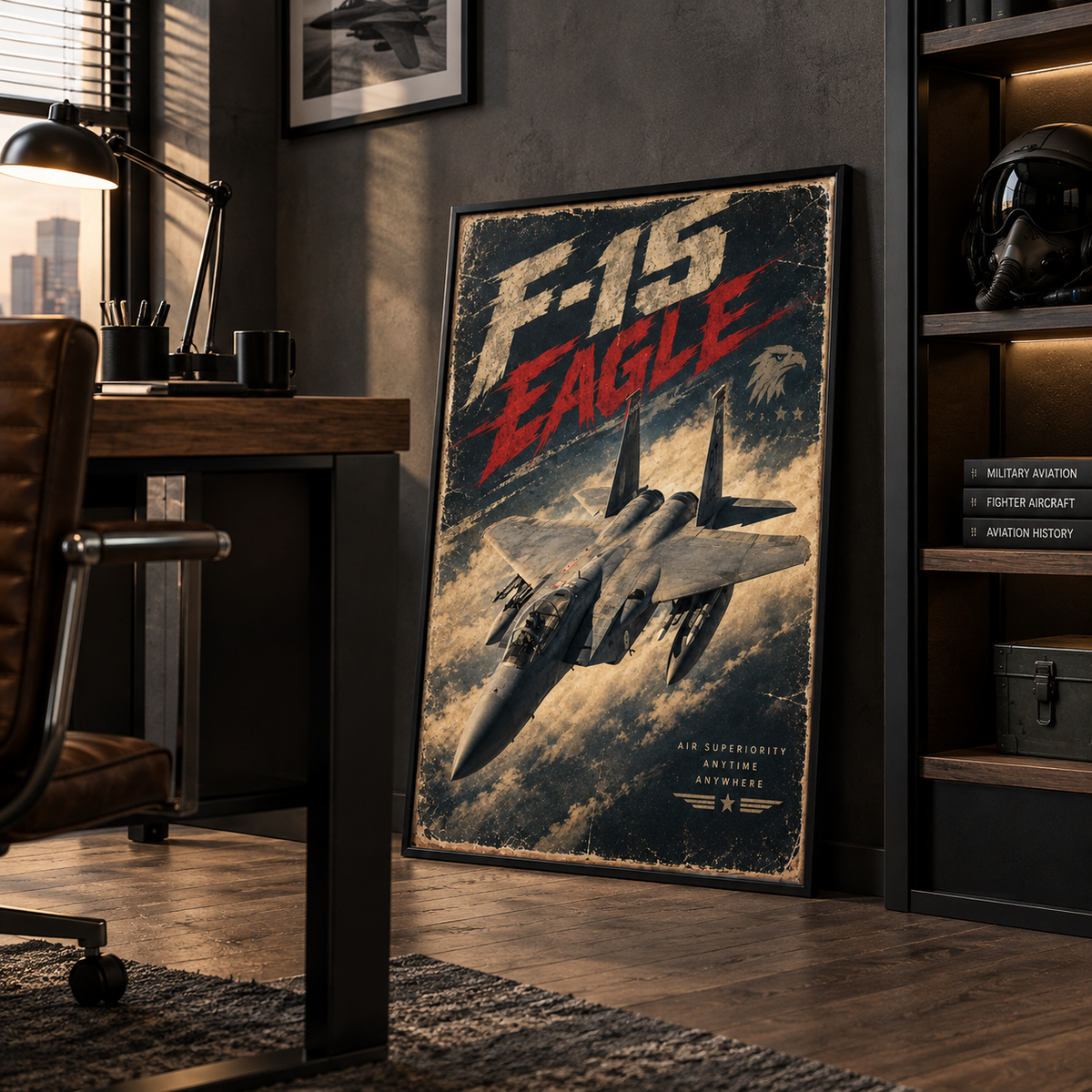 Red “EAGLE” brush lettering over cream “F-15” text, fighter pilot print with distressed vintage texture design