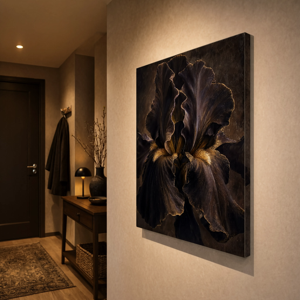 Dark botanical wall decor featuring a bearded iris in bronze and umber tones