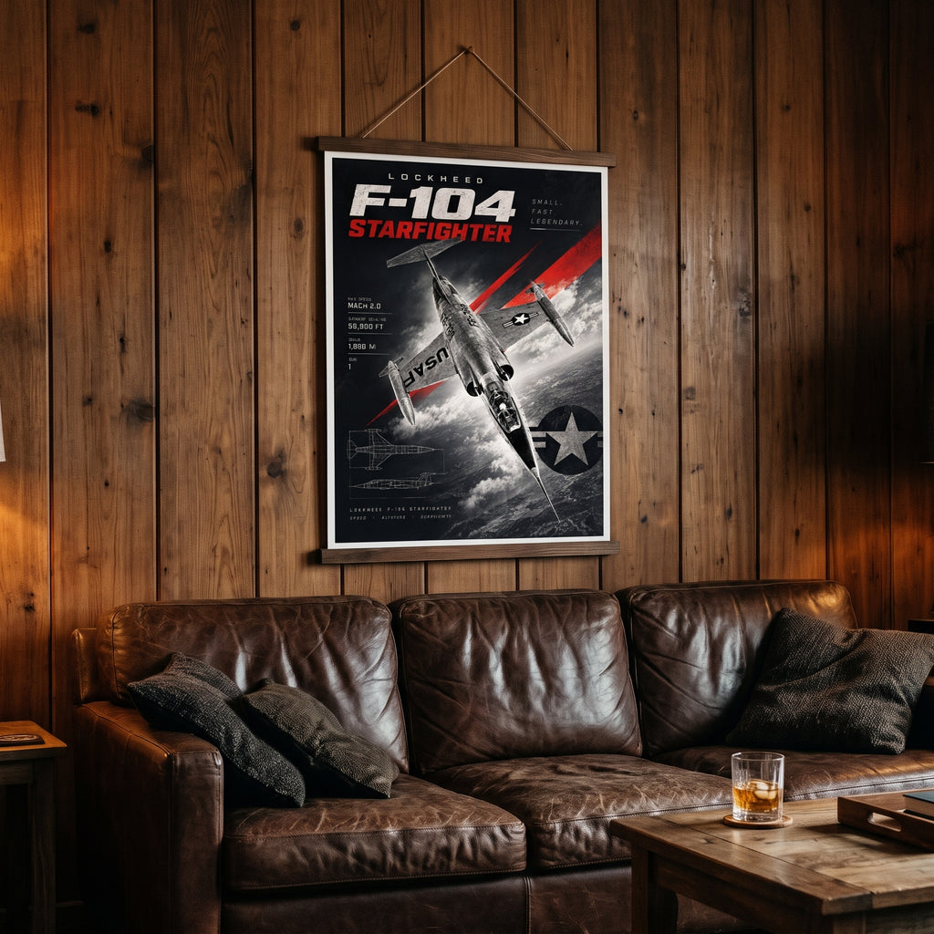 Red diagonal stripe graphic cutting across the black and white F-104 jet fighter artwork