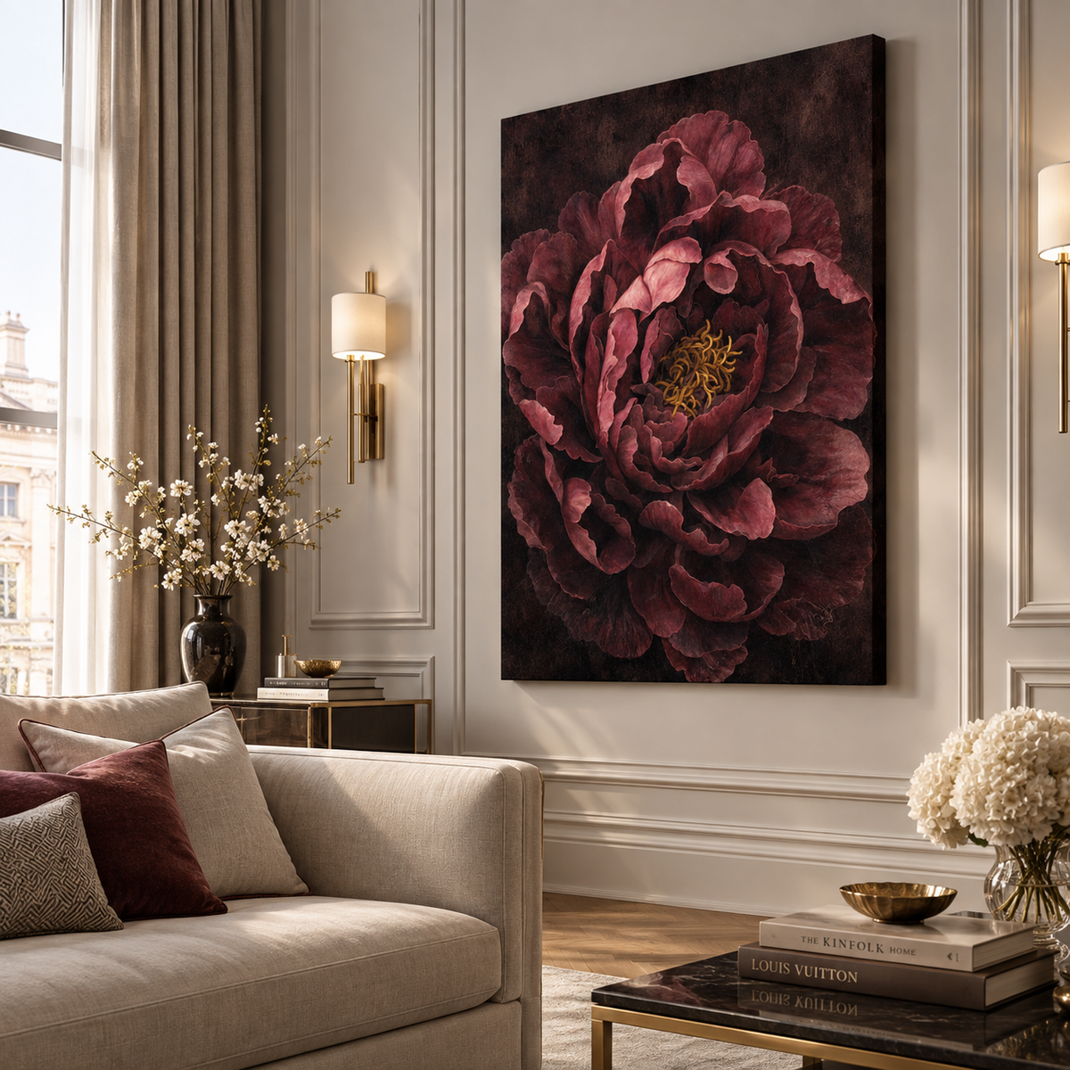 Burgundy peony stretched canvas print displayed on a wall in a romantic bedroom setting.