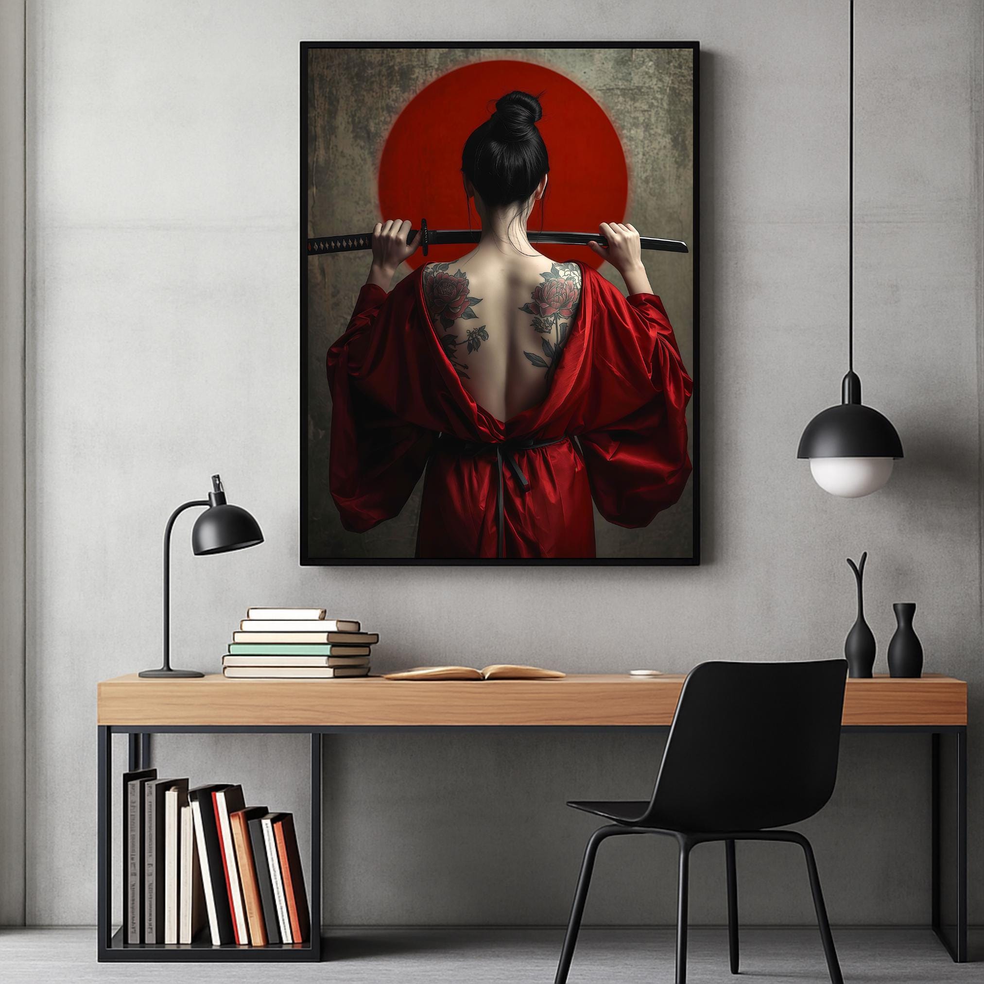 Modern geisha with warrior spirit — floral back tattoos, red kimono, and Japanese sword