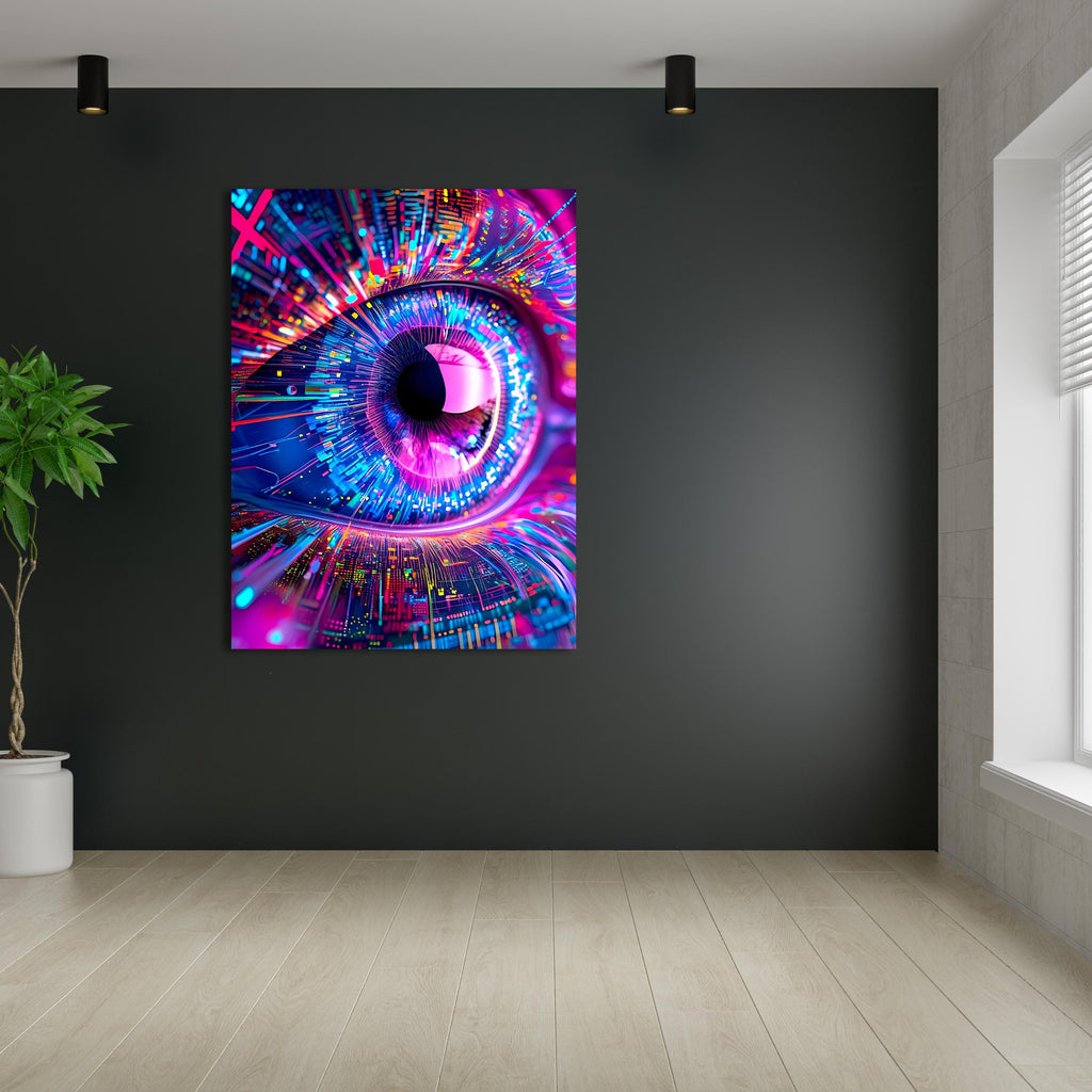 AI Vision Wall Art - Abstract Futuristic Eye Canvas Print in Neon Tech Style