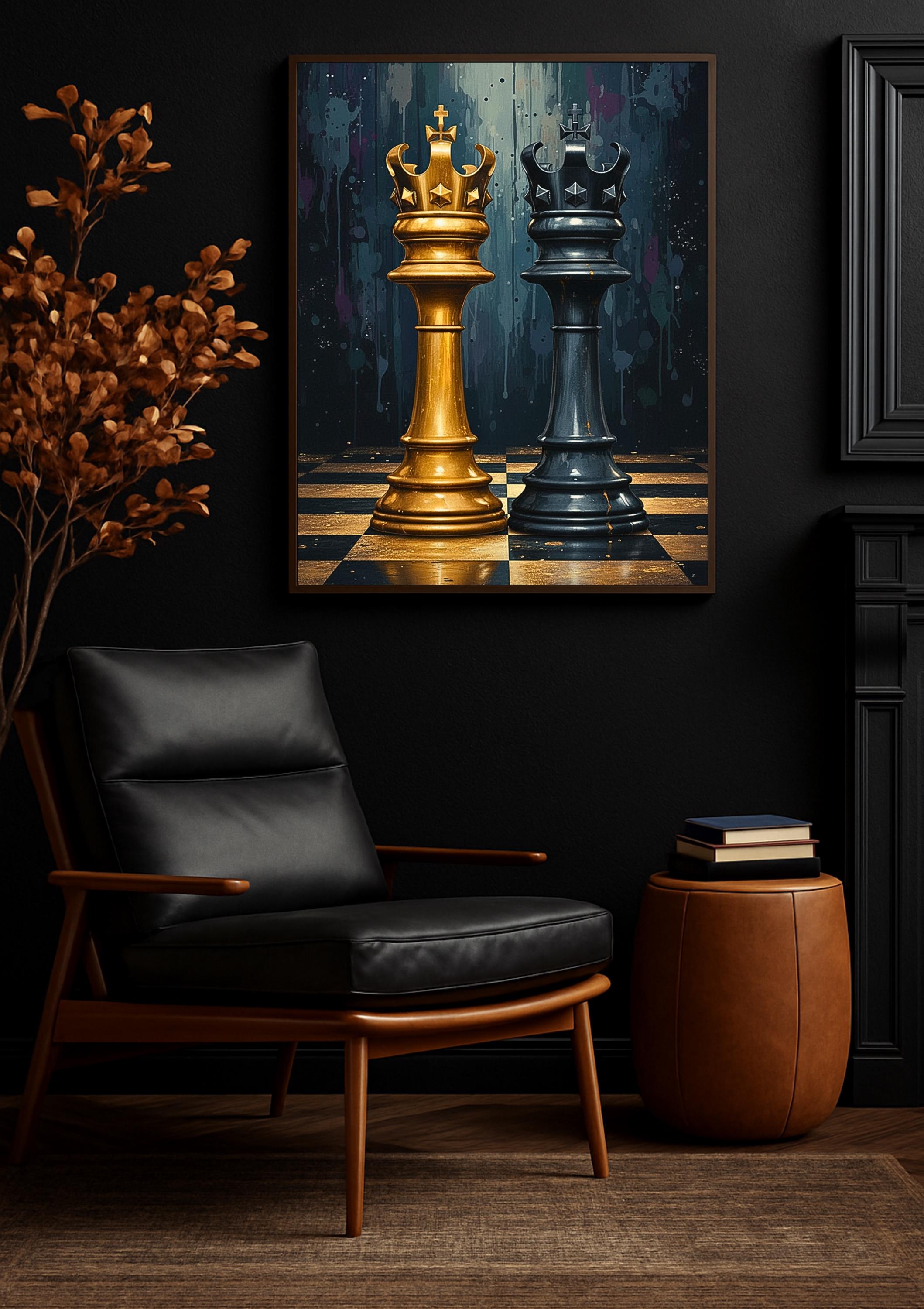 Elegant gold and black chess king pieces on a classic chessboard with dramatic lighting.